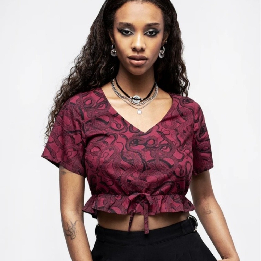 Disturbia Maroon V-Neck Cropped Ruffle Hem Top